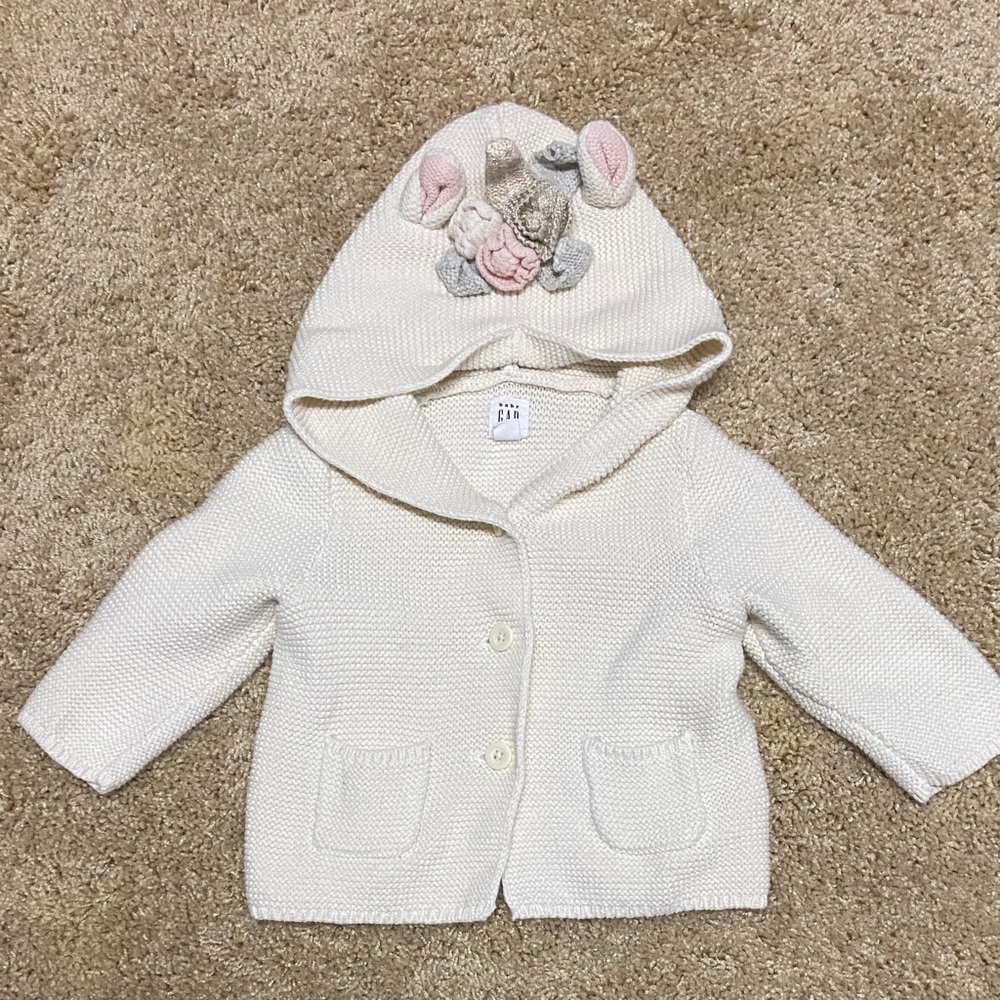 Baby Gap White Knit Hooded Cardigan with Bunny Ears / Unicorn horn
